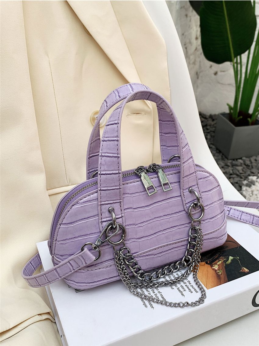 Crocodile Embossed Chain Decor Dome Bag
