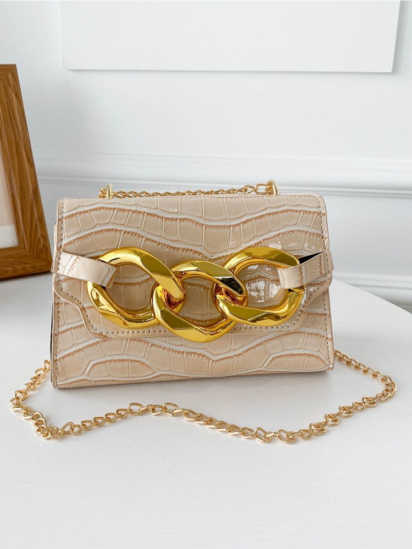 Mini Chain Decor Crocodile Embossed Flap Square Bag