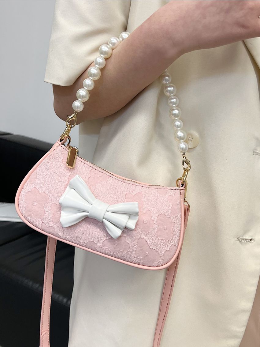 Mini Floral Pattern Bow Decor Baguette Bag