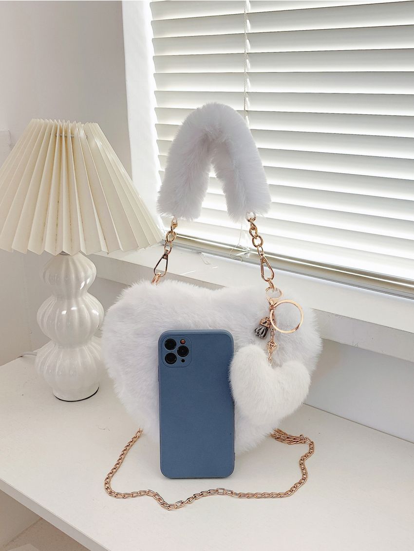 Heart Shaped Fluffy Novelty Bag With Cartoon Charm