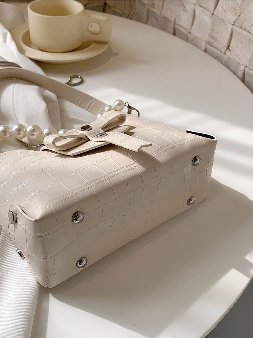 Crocodile Embossed Faux Pearl Decor Bucket Bag