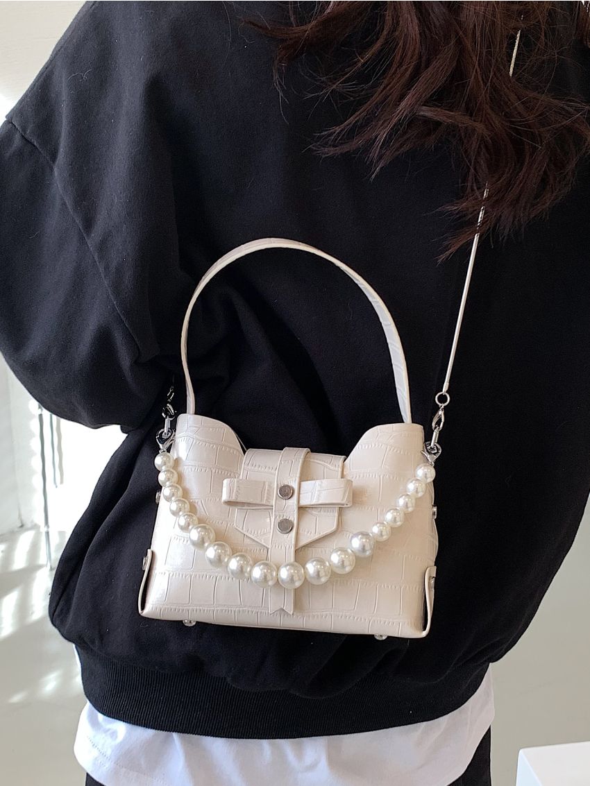Crocodile Embossed Faux Pearl Decor Bucket Bag