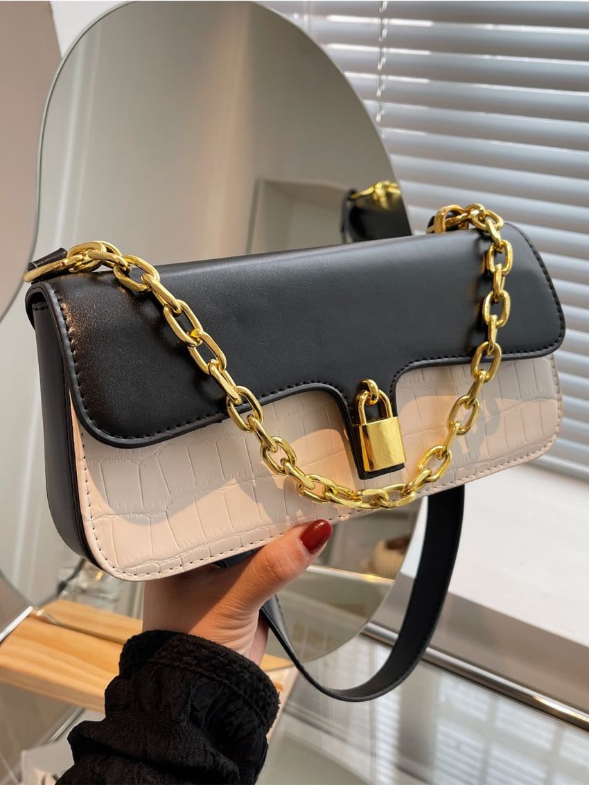 Two Tone Crocodile Embossed Chain Square Bag