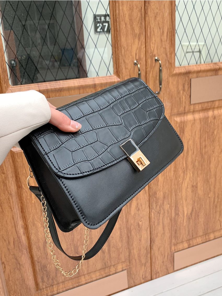 Crocodile Embossed Twist Lock Chain Flap Square Bag