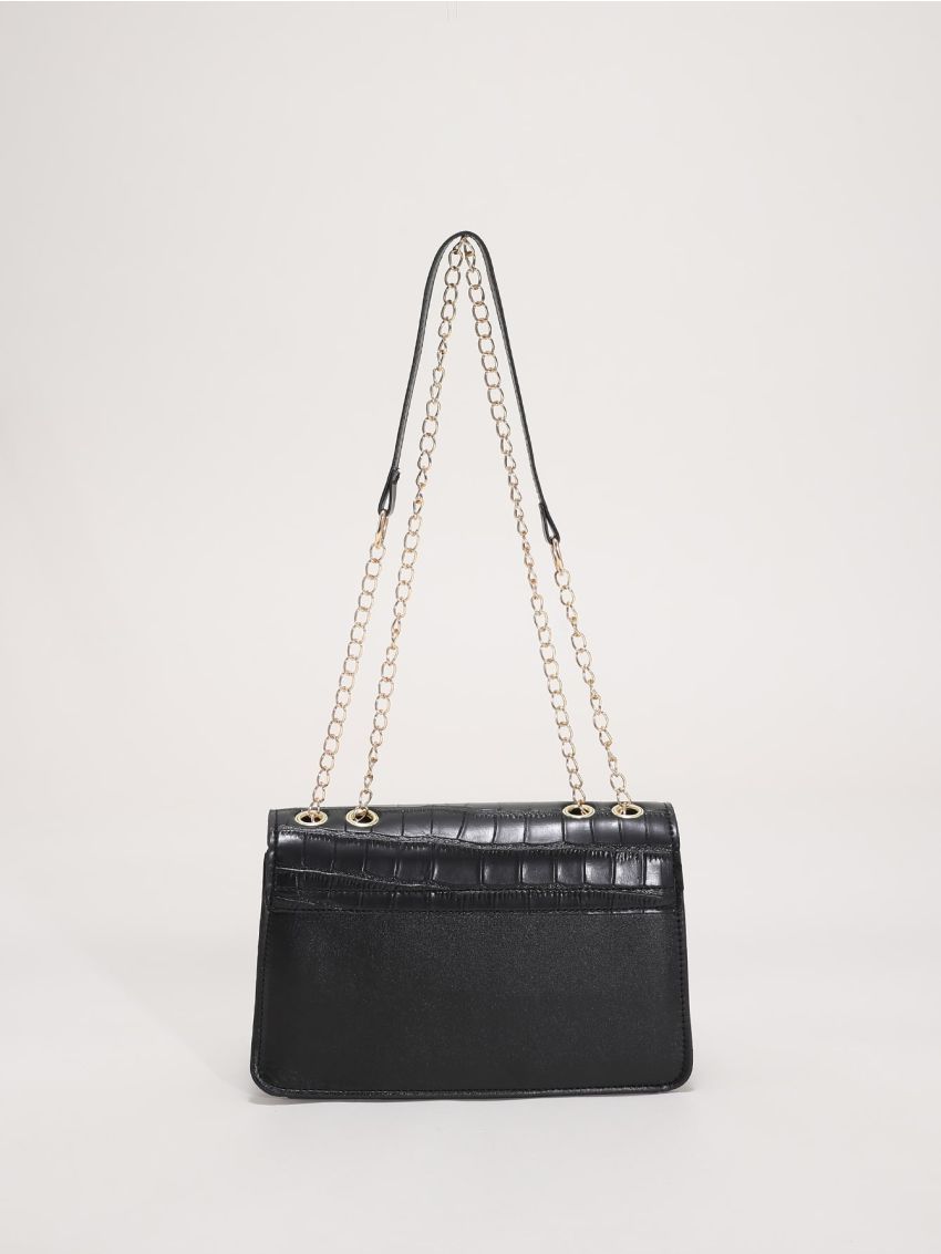 Crocodile Embossed Twist Lock Chain Flap Square Bag
