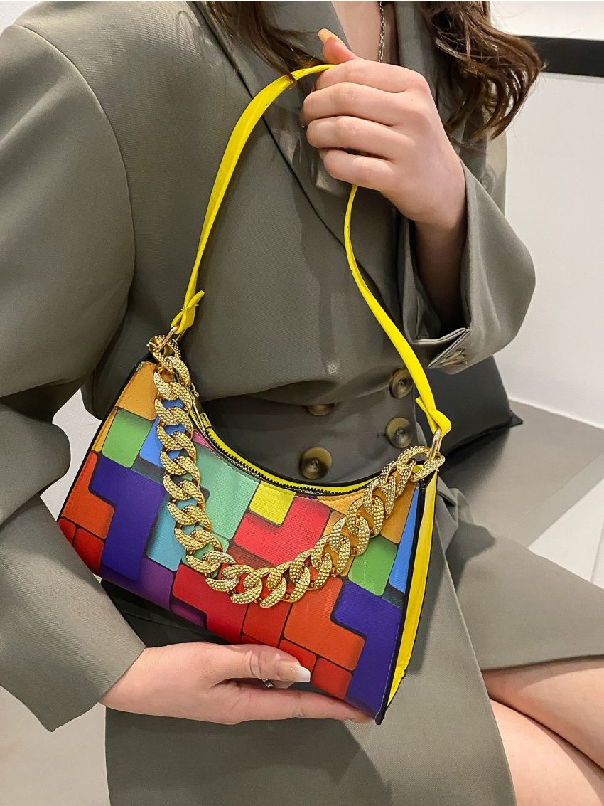 Geometric Print Chain Decor Baguette Bag