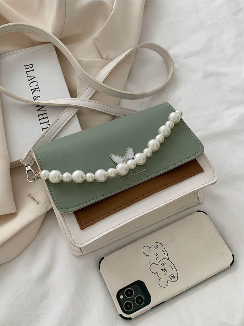 Butterfly & Faux Pearl Decor Flap Square Bag
