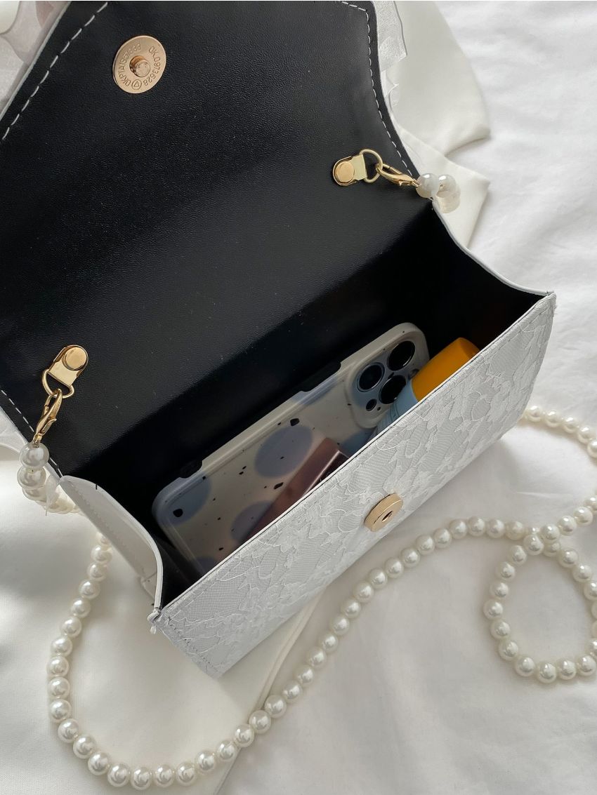 Mini Jacquard Faux Pearl Beaded Flap Square Bag