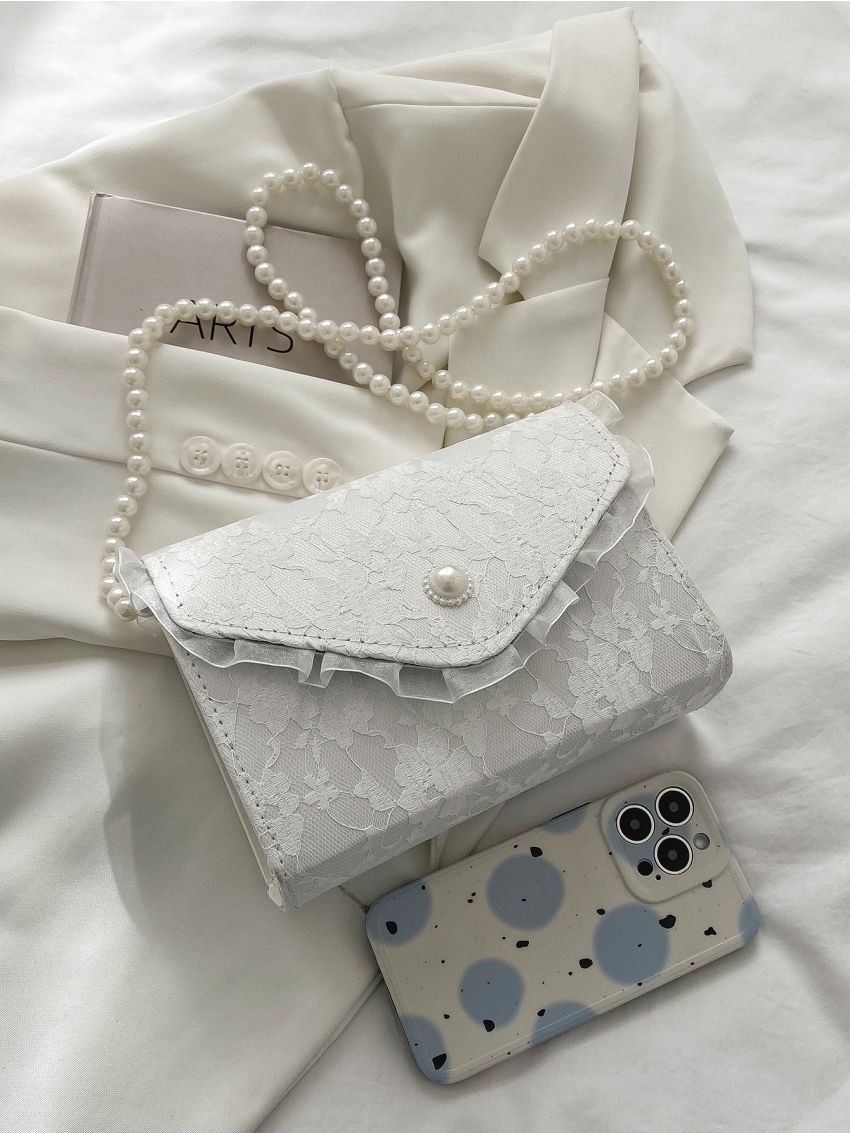 Mini Jacquard Faux Pearl Beaded Flap Square Bag