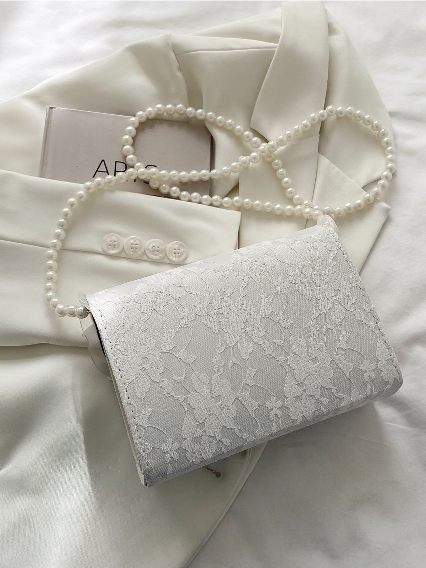 Mini Jacquard Faux Pearl Beaded Flap Square Bag
