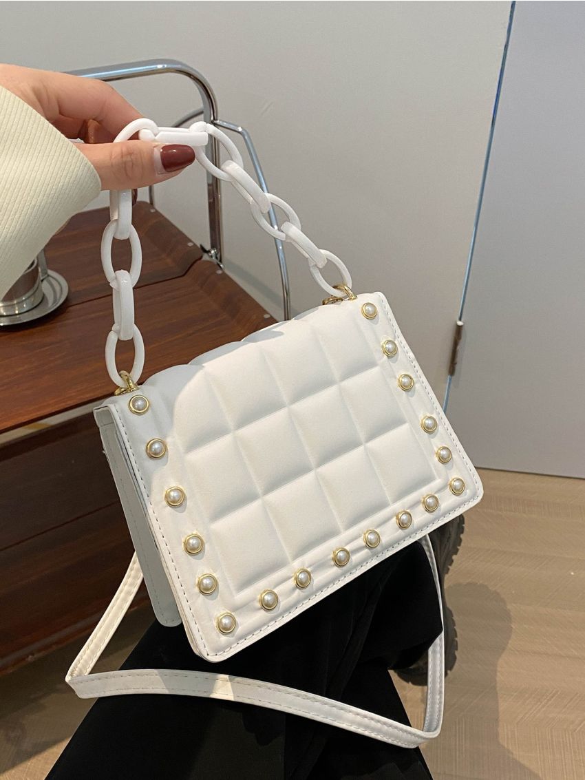 Faux Pearl & Chain Decor Flap Square Bag