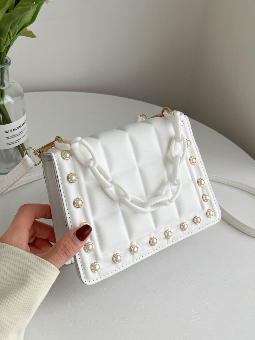 Faux Pearl & Chain Decor Flap Square Bag