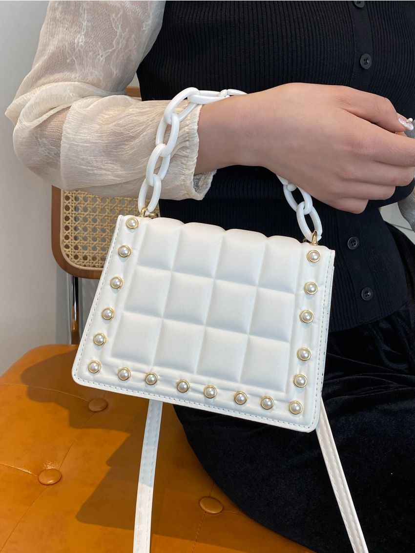 Faux Pearl & Chain Decor Flap Square Bag