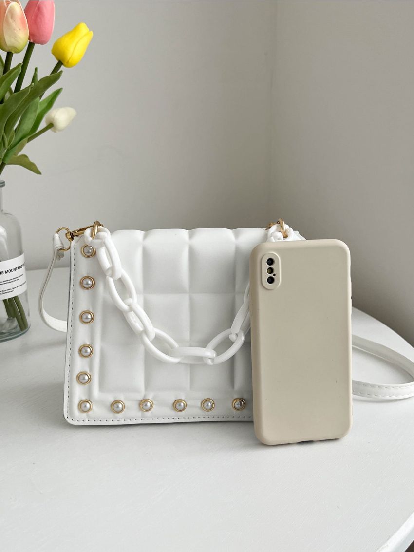 Faux Pearl & Chain Decor Flap Square Bag