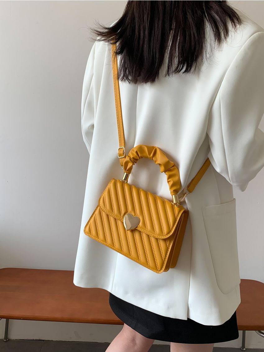 Quilted Metal Decor Ruched Strap Square Bag