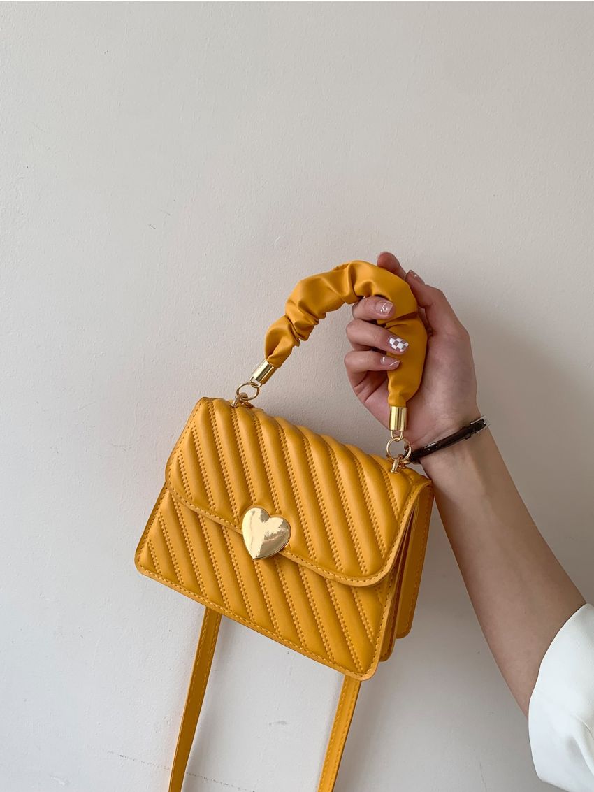 Quilted Metal Decor Ruched Strap Square Bag