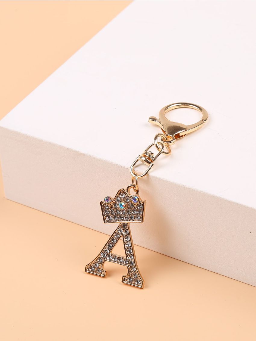 Rhinestone Decor Letter & Crown Graphic Bag Charm