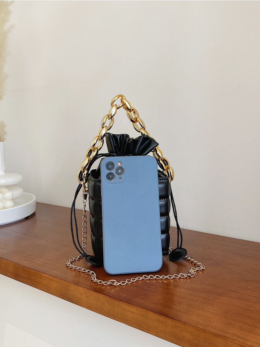 Mini Metal Decor Quilted Drawstring Design Chain Bucket Bag