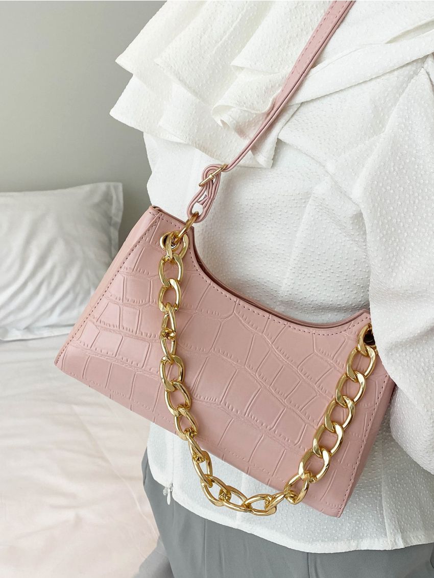 Crocodile Embossed Chain Baguette Bag