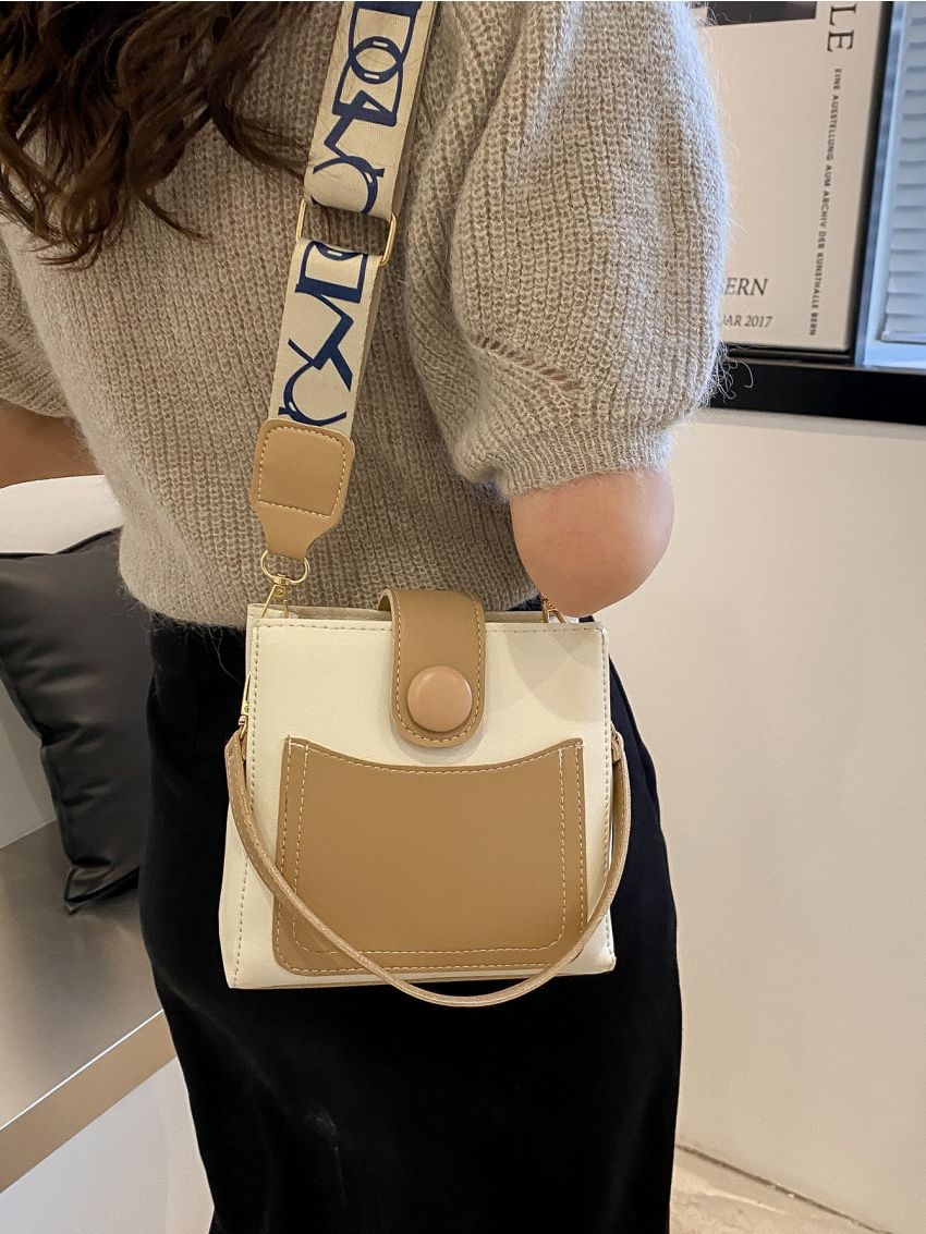 Two Tone Patch Decor Bucket Bag