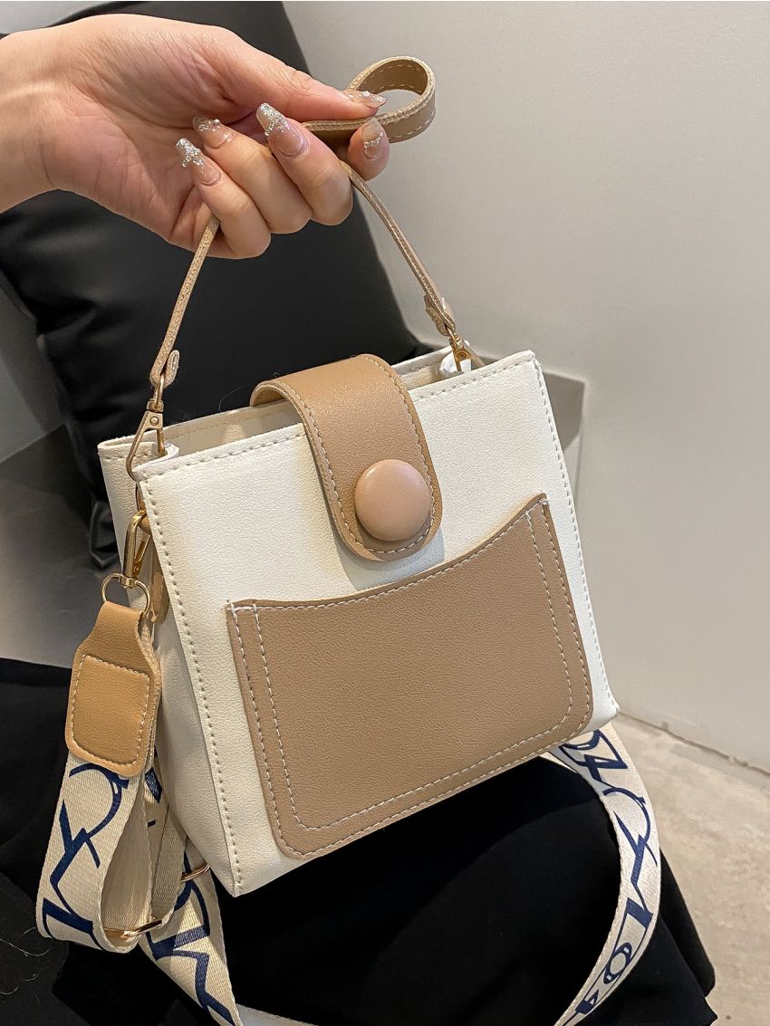 Two Tone Patch Decor Bucket Bag