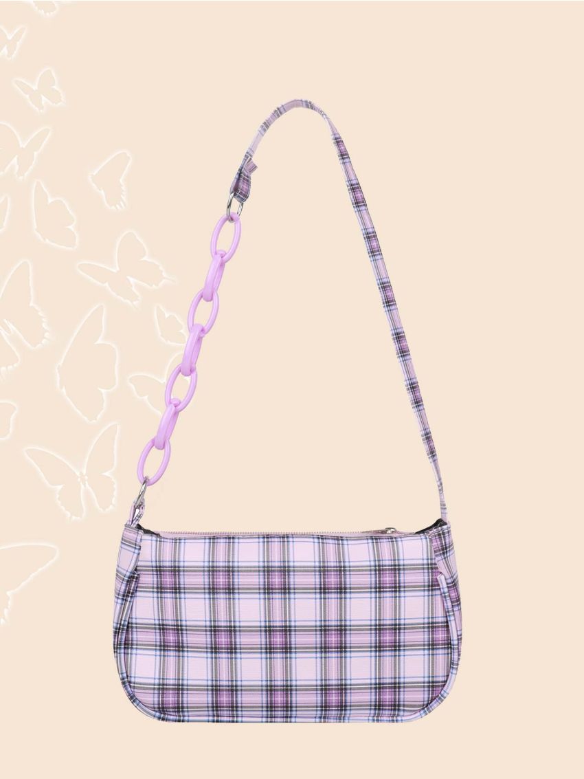 Plaid Pattern Baguette Bag