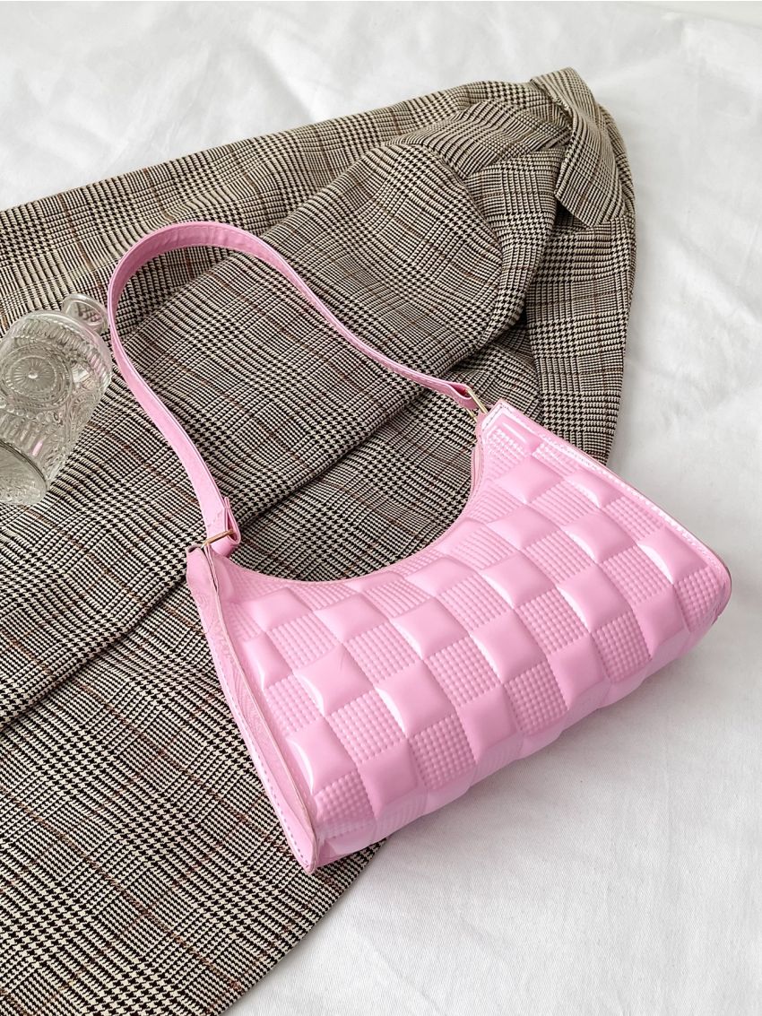 Quilted Checkered Pattern Baguette Bag