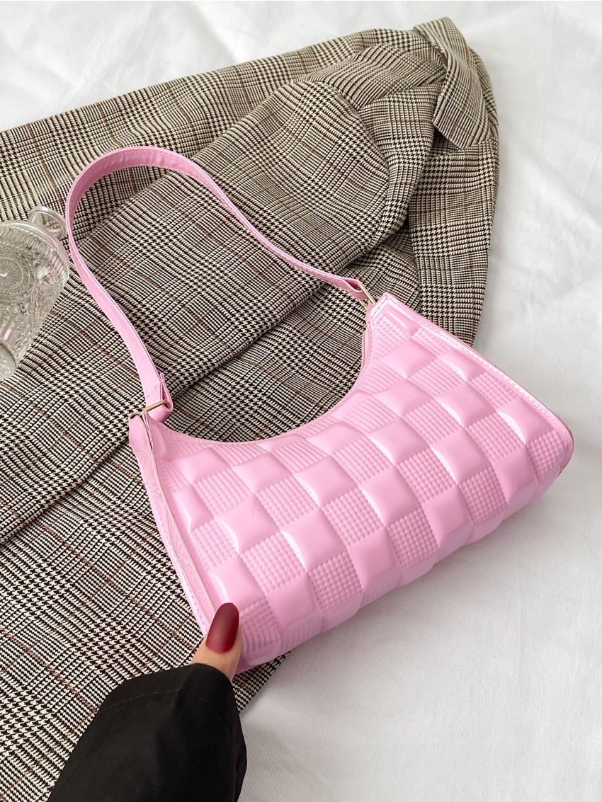 Quilted Checkered Pattern Baguette Bag