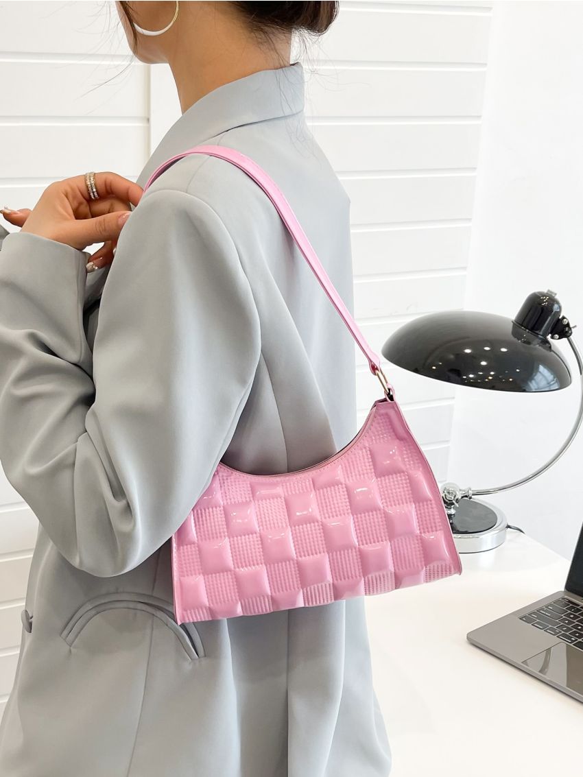 Quilted Checkered Pattern Baguette Bag