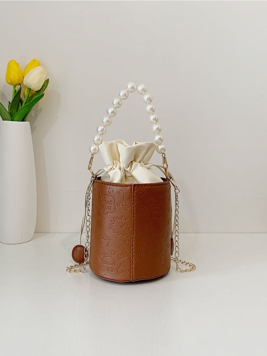 Mini Faux Pearl Decor Drawstring Bucket Bag