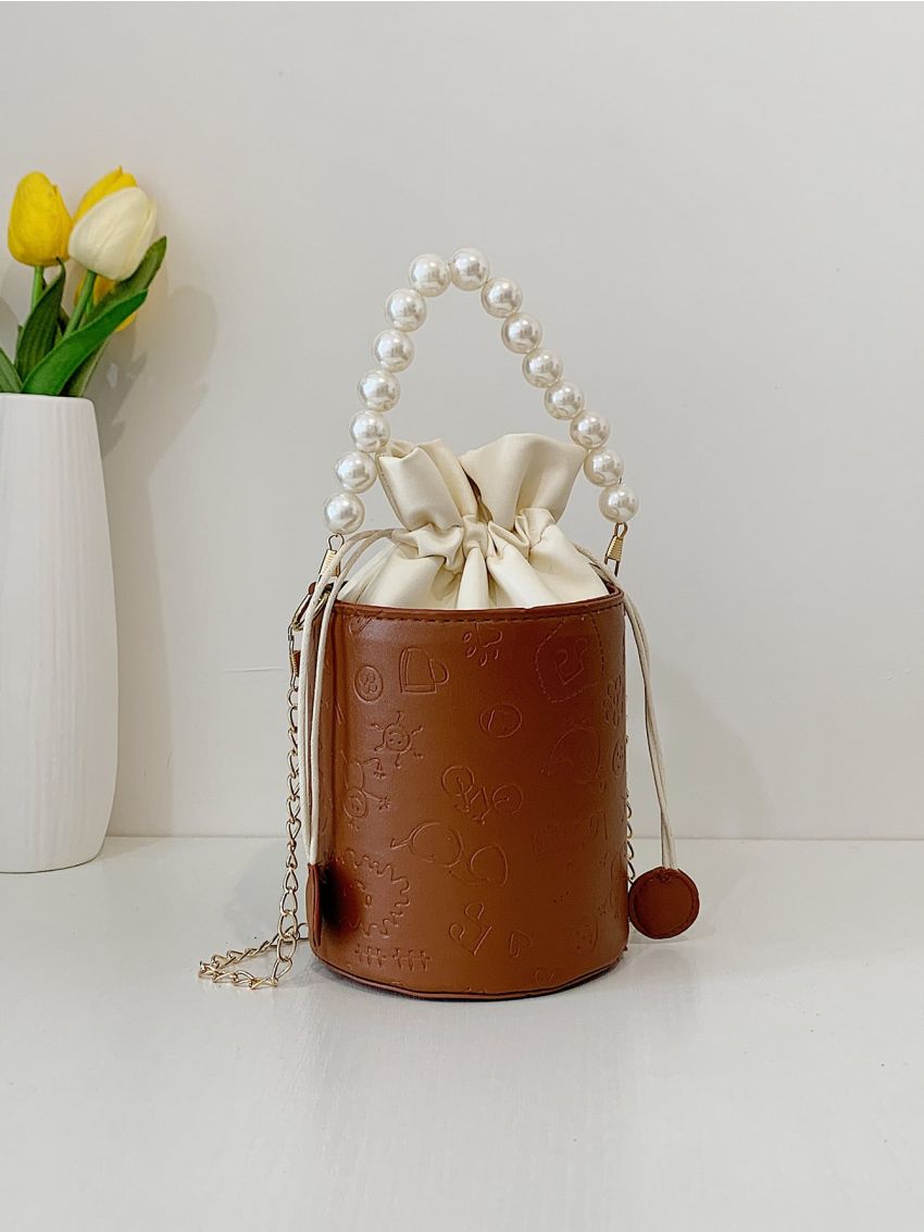 Mini Faux Pearl Decor Drawstring Bucket Bag