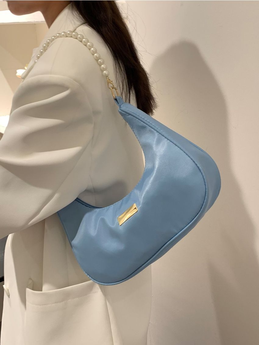 Metal & Faux Pearl Decor Baguette Bag