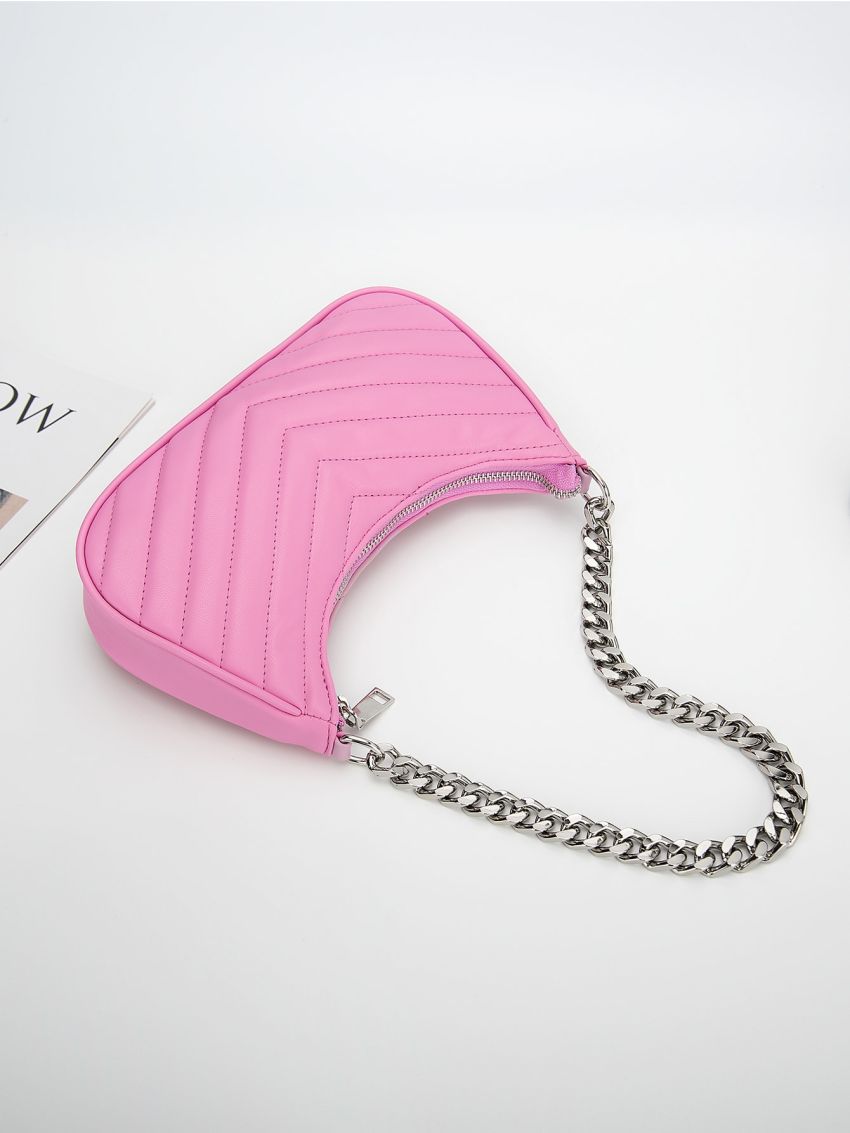 Chevron Detail Chain Baguette Bag