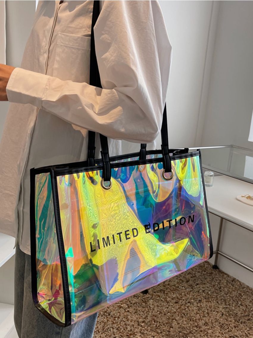 Holographic Letter Graphic Shoulder Tote Bag