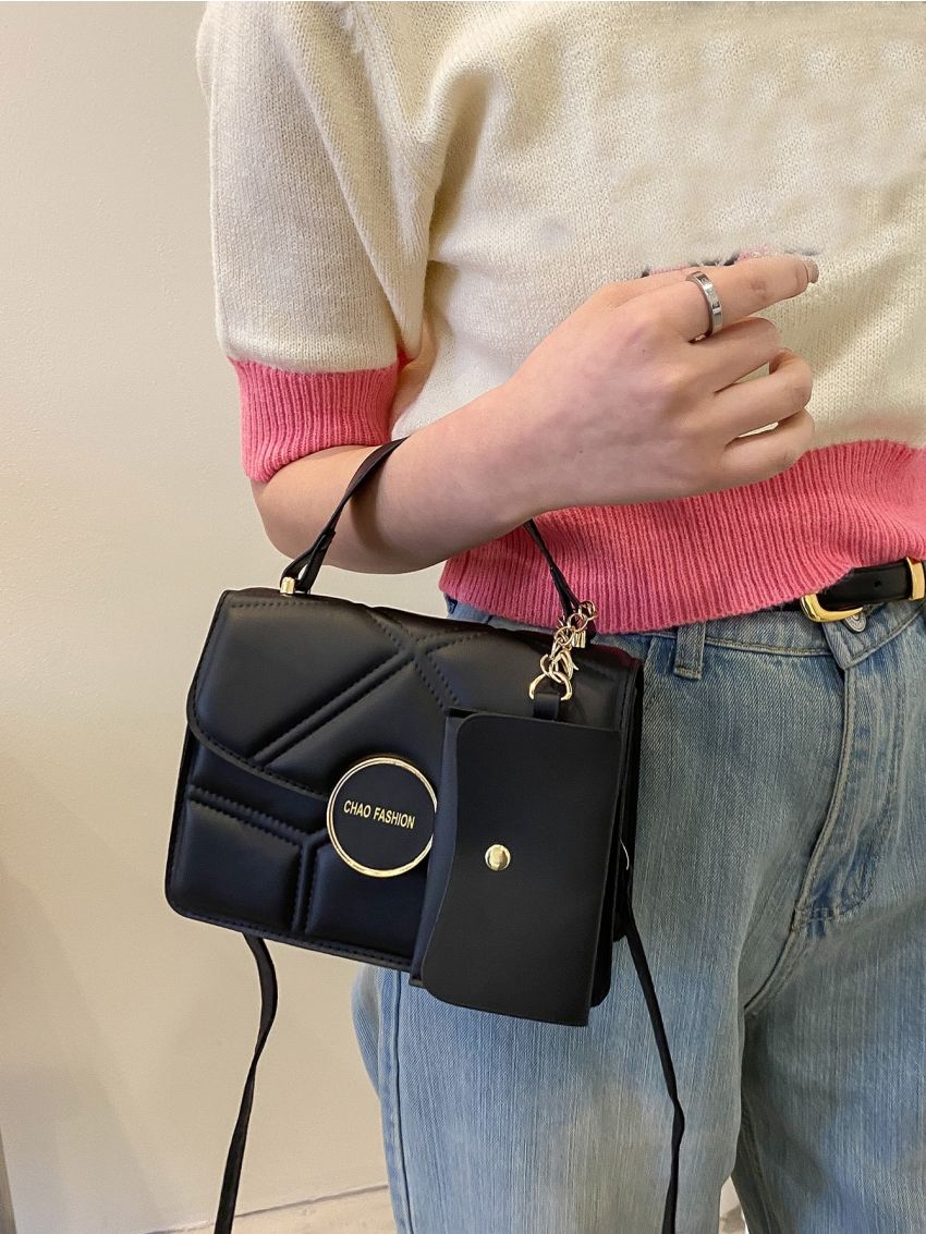 Letter Graphic Square Bag With Purse