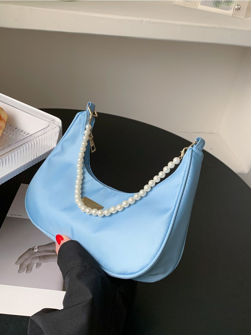 Metal & Faux Pearl Decor Baguette Bag