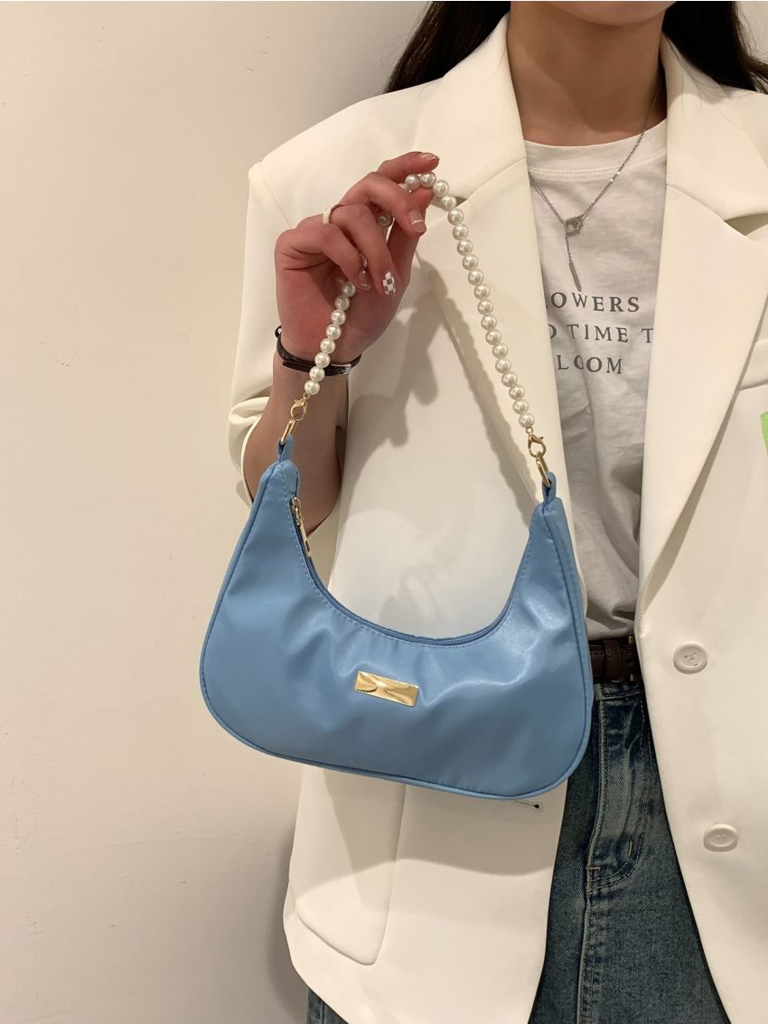 Metal & Faux Pearl Decor Baguette Bag