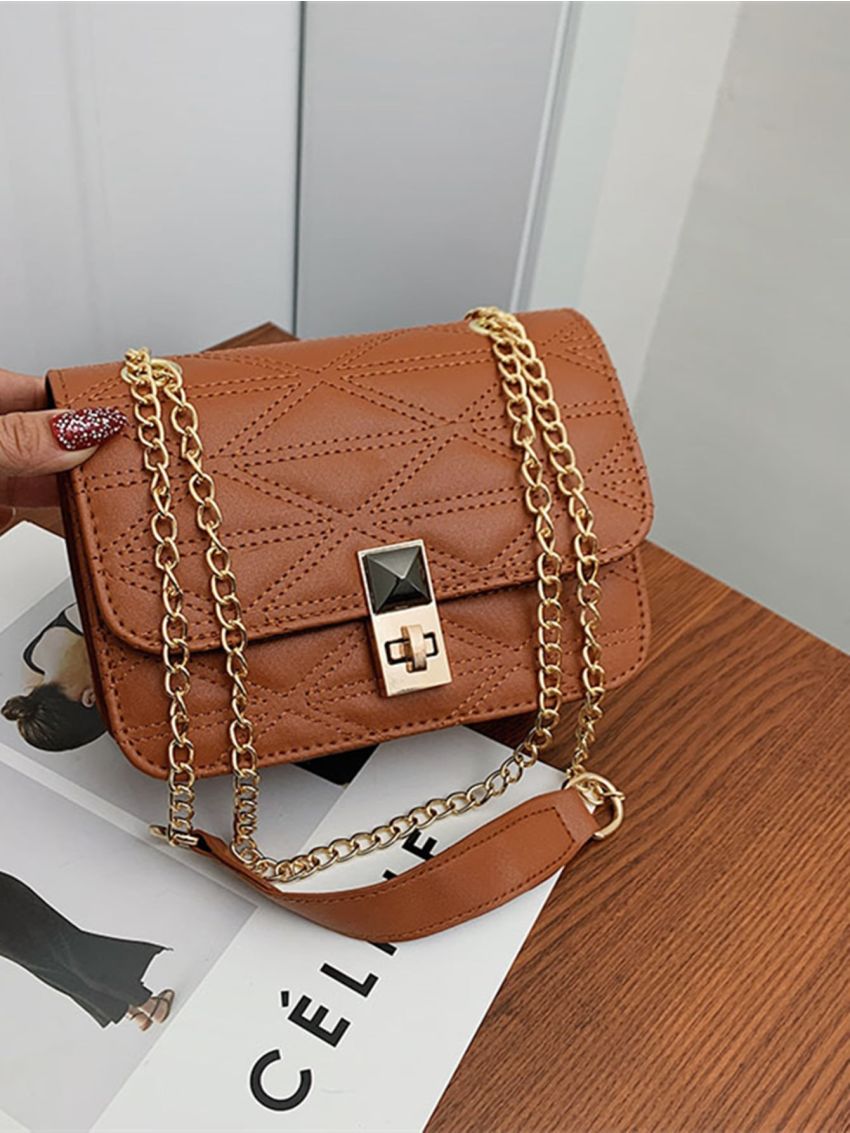 Stitch Detail Twist Lock Flap Chain Square Bag