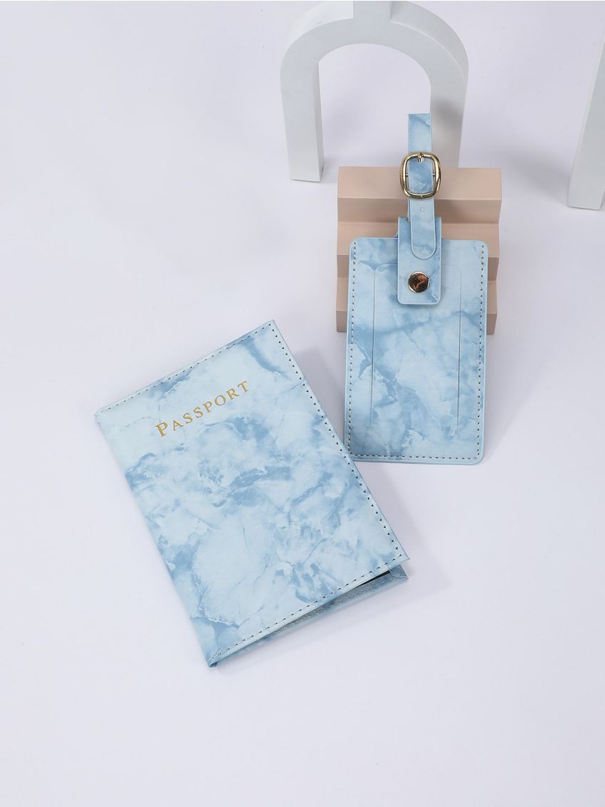 Letter Graphic Marble Pattern Passport Case With Luggage Tag