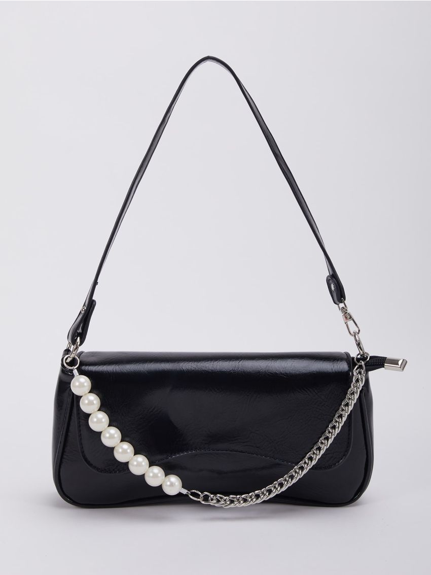 Faux Pearl Decor Flap Chain Baguette Bag