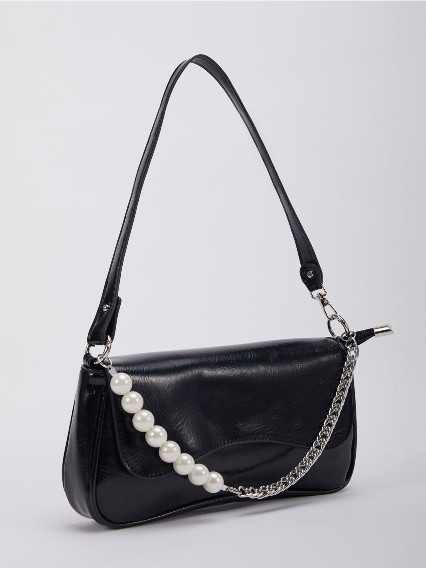 Faux Pearl Decor Flap Chain Baguette Bag