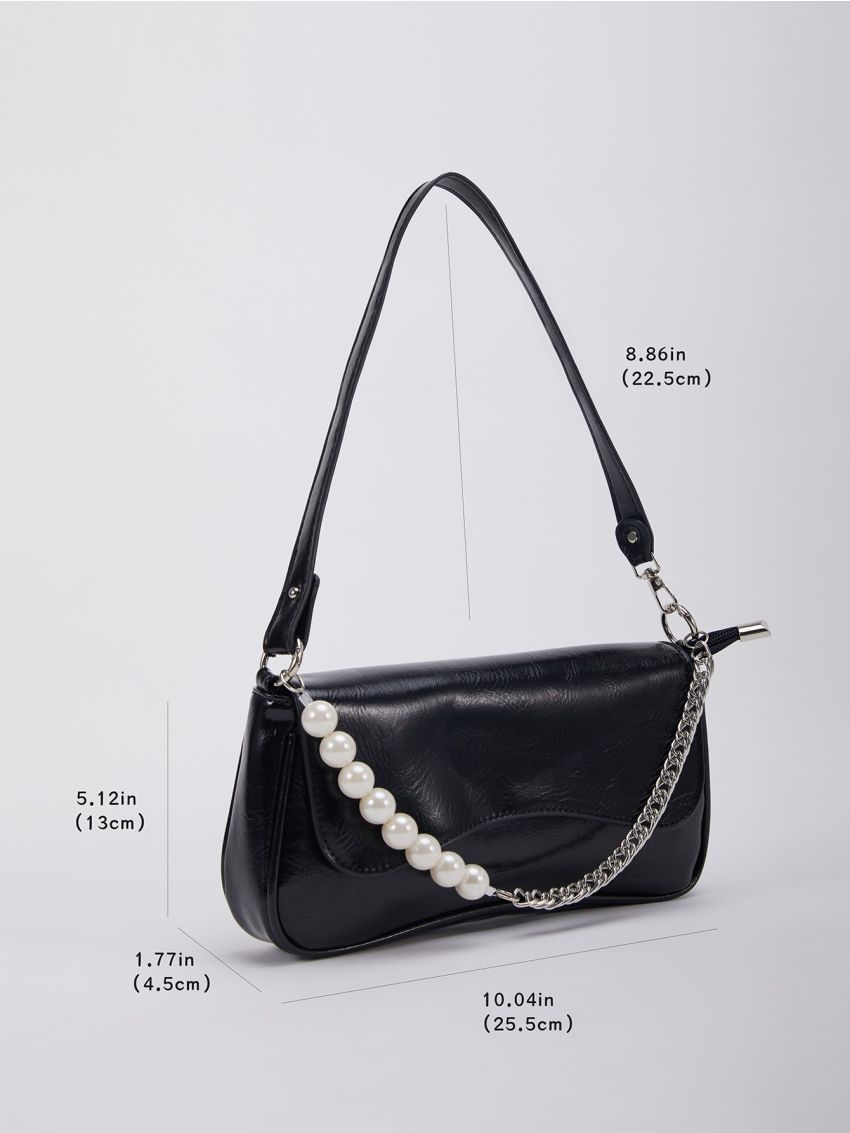 Faux Pearl Decor Flap Chain Baguette Bag