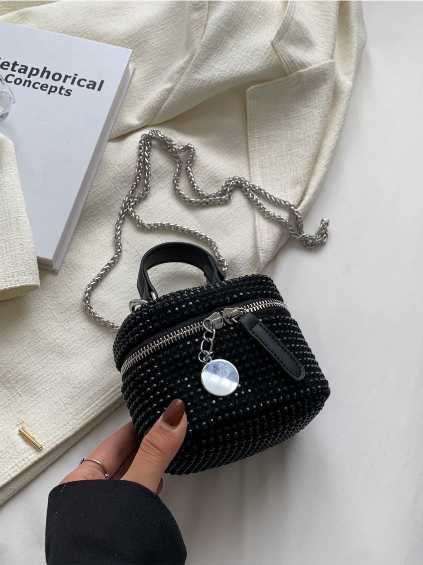 Mini Rhinestone Detail Chain Bucket Bag