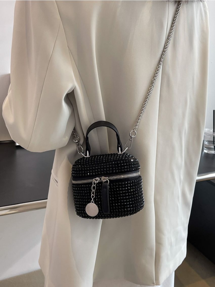 Mini Rhinestone Detail Chain Bucket Bag