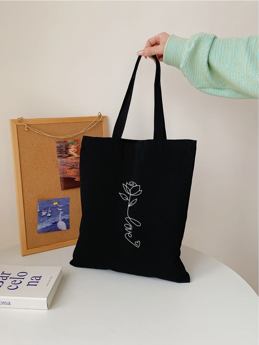 Floral & Letter Graphic Shopper Bag