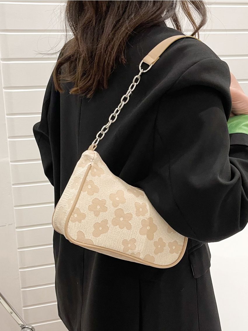 Jacquard Chain Decor Baguette Bag