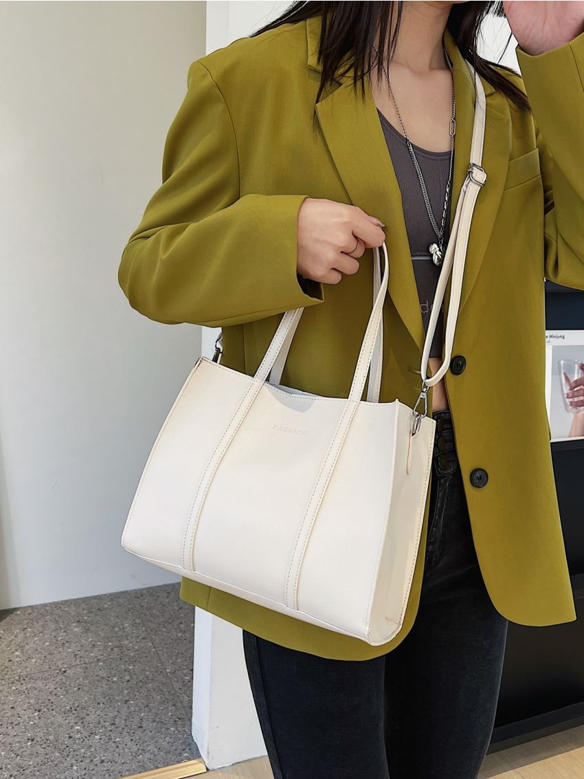 Letter Embossed Shoulder Tote Bag