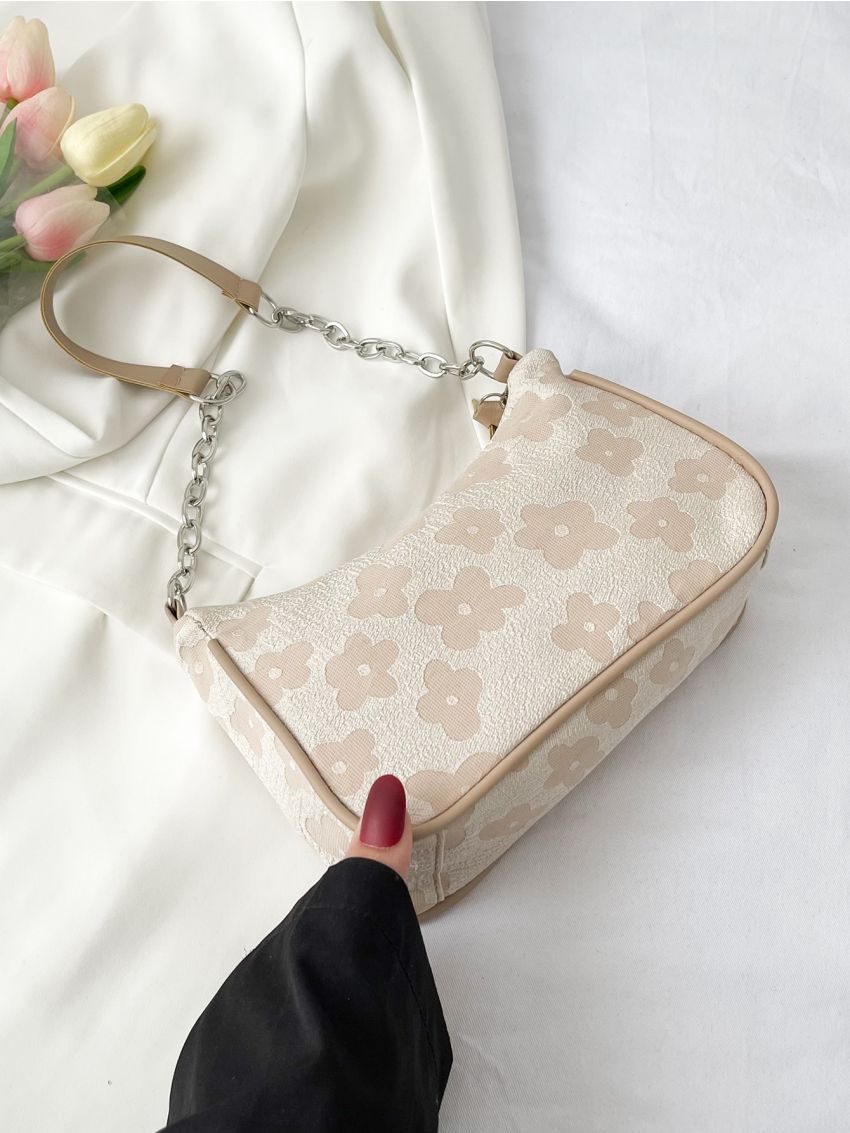 Jacquard Chain Decor Baguette Bag