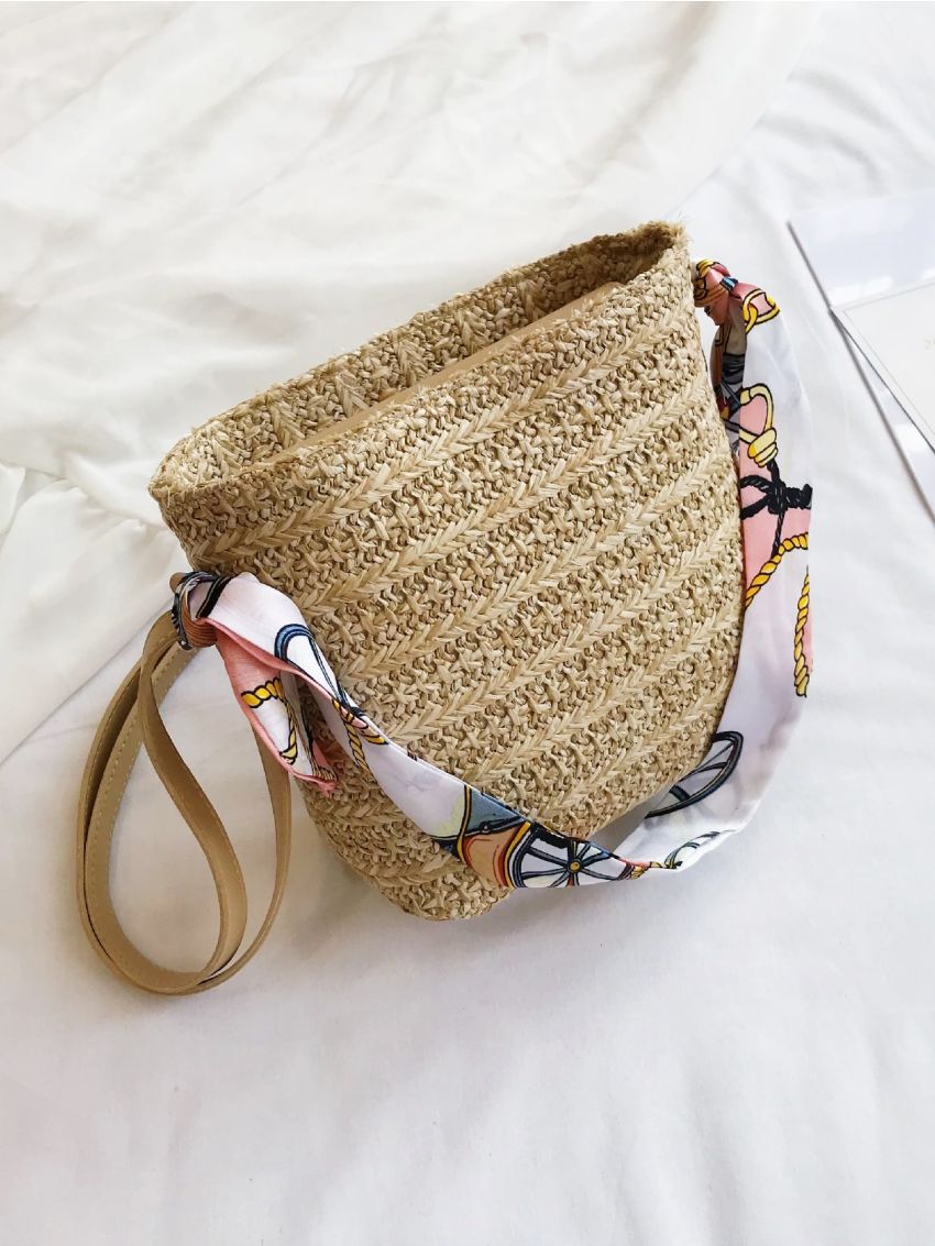 Mini Scarf Decor Straw Bag