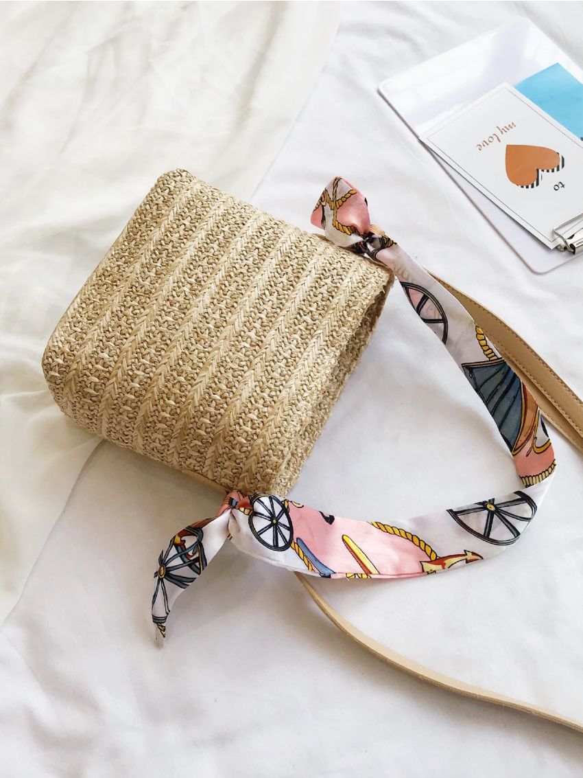 Mini Scarf Decor Straw Bag